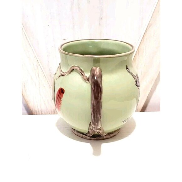 MWW Market Wren Bird Nest Eggs Green Feather Ceramic Mug Branch Handle - Picture 3 of 4